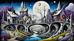 whimsical weird houses stand in village in weird whimsical landscape with long two bridges, surreal vibe with abstractions, around surreal cracked painted weird land with rocks, trees, two moon, deep dark purple, gray, black, white, brown pale blue colors. style of Chagall , of Minjae Lee and Tim Burton, absurd beauty picture. weird bizarre absurd, nightmare, big neuron network clouds background and thin bridges, too big, too elongated shapes, psychedelic dream