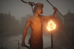 Torch lit statue, atmospheric, realistic, unreal engine, cinematic lighting, octane render.