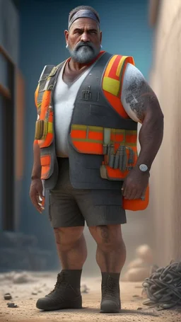 full figure shot photography of two turkish dirty burly construction workers chubby sweat 55 years old in tank top, safety vest, manly chest ,in queue on a sidewalk,, photorealistic, sunlight, summer, ambient occlusion