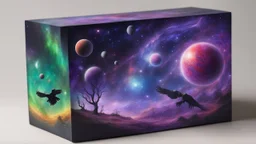 a box 10 cm long by 5 cm wide and 25 cm high, drawn on a box on all sides, space, tress, planets, crow galaxies a lot of colours purple, green and red, portal too others galaxy, realistic