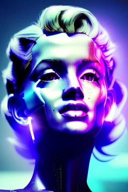 Ultra Realistic image, portrait, blonde woman, Marylin Monroe face, perfect iris, glow eyes, glow makeup. Cyborg, Cyberpunk, ex machina style, oversized tight latex dress. fog, rain, soft color, highly detailed, unreal engine 5, ray tracing, RTX, lumen lighting, ultra detail, volumetric lighting, 3d, finely drawn, high definition, high resolution.