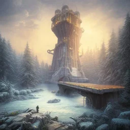 fantasy art, book cover, isometric big mad wizard in front of the ebony stairs, a bridge or dam ,icy water, on the bridge is a big hairy mad wolf