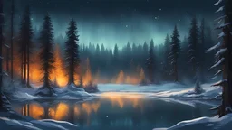 Behind a frozen glass ,Νύχτα,χιονισμενο Δασος από ελατα στην ακρη μιας λιμνης, dramatic scene, festive, fireflies