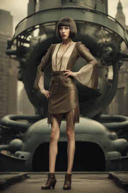 full body picture of a skinny woman with a bob, a fringe hairstyle, 1920s flapper clothing, futuristic steampunk city background