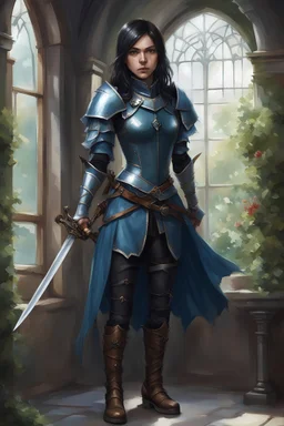 female, half elf, black silky straight shoulder length hair, blue leather armor with white frill, holding a rapier, rapier sheath on hip, brown travelling boots, standing near window, green garden