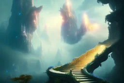 mythical mystical long stairway up to heaven in the sky, otherworldly atmospheric mist, beautiful colours, fine art, trending on artstation, masterpiece