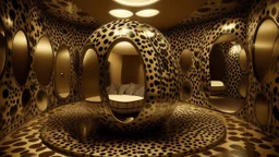 Interior of a spherical room, with holes, mirrors, and a hidden inhabitant, Leopard pattern, Voxel art, Glamorous makeup, Traditional interior design, Tintype