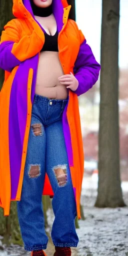 Bright-color-haired woman.fit,thick thighs,thick calves,flat belly,curvy fell, slim. Mantle is sewed of upcycled Denim and sewed together of camouflage pieces. Pieces' color are orange, cream and purple. Cream latex gaiters.It is with big bright purple felt tippet and cream-colored-hood. mantle has a hood. Big AKG-style headphones (gold rings!) is merged with small felt cap with small visor. Style: Haute Couture in 1920's, N.Y.C fashion in 1996, inspired by street art.