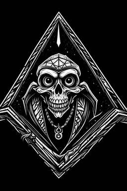 rat fink skeleton in a black hooded cloak drawn in a retro mascot style, inside a light diamond shape on a black background, monochromatic