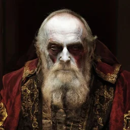 very grainy discolored modern photo, closeup portrait, dark ancient hall with no lights, grunge, extremely old male with chalk-white skin wearing old dashing and opulent gilded clothes, threatening, imposing, ventru