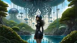 Detailed matte painting of a wide-angle shot of a woman, standing on the left side of the shot, with dark hair in a silver robotic catsuit, many large floating jellyfish with octopus tentacles, alien jungle trees in the distance, with an alien beach and lake