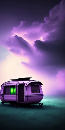 An old caravan at the bottom of an streaming river, lots of clouds within neon lights, thunder