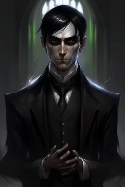 the dark butler, young elf with dark hair, dark clothes, shadow magic, expressive eyes