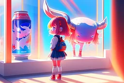 cute chibi holographic girl looking at a red bull happily at an exhibition room in sunshine