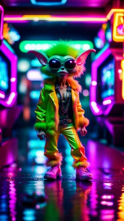 sexy stunt furry hairy alien pimp tap dancer fashion gremlin in telephone both parked in dark neon lit reflective wet arcade hall tunnel,bokeh like f/0.8, tilt-shift lens 8k, high detail, smooth render, down-light, unreal engine, prize winning