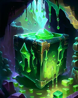 a slimy dripping gelatinous cube in vast dungeon cave room with treasure chests rpg art painterly