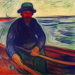 Portrait of OLd Galician Fishermen on boat wearing bucket hat by edvard munch 8k