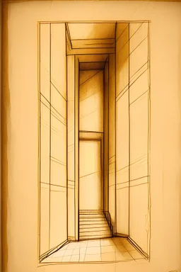 dibujo de ascensor abierto visto desde el pasillo dibujado en de pergamino antiguo color ocre y vacio
