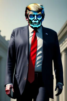 Ultra realistic image, Donald trump zombie, zombie performance, suit, skull, blood, torn arm, night, walking twisted, waist up view, thriller style, dark ambient, highly detailed, White House background, concept art, unreal engine 5, ray tracing, RTX, ultra detail, volumetric lighting, high definition, high resolution.