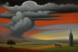 a surreal landscape with dramatic storm clouds by artist "Mark Rothko",by artist "Leonora Carrington",by artist "David Inshaw"