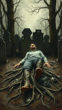 Bosch painting style nightmare, a man with legs looks like tree roots , laying down in a graveyard , dramatic sad scene, fantasy,