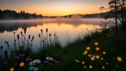 A serene lakeside at dawn with mist rising from the water, surrounded by blooming wildflowers and softly glowing fireflies. Beautiful award-winning colour photograph, rule of thirds, balanced delightful composition, perfect lighting, superb detail, 16k render