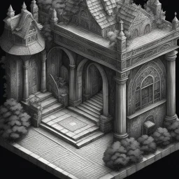 A detailed and whimsical 3d isometric illustration, created in a vintage charcoal style. This piece explores unique and fantastic architecture, with intricate details that invite the viewer to discover every corner. The figure at the entrance adds a touch of mystery and narrative to this imaginary scene. Ideal for lovers of fantasy art and traditional drawing.