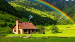 A cozy cottage nestled in a lush, green valley, with smoke curling from the chimney and a rainbow arching overhead. Photographic quality and detail, award-winning image, beautiful composition.