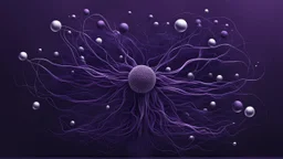 A minimalist abstract 2d digital art graphic and ink montage,. Deep dark purple background with pale neural network background, human nervous system with shiny little balls , white-dark blue-pale gray and black colors, Clean composition with strange vibe, with surreal vibe, Photorealistic with emotional with abstraction , neurodivergens soul and mind, cinematic, glitch