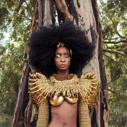 Female Twins only, show both twins. black skin, tall and slender, long afro kinky hair,big eyes, warrior wear. Gold accents on clothing. Surround by trees