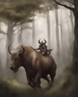 Minotaur, half man. Half bull crw majestically galloping through the dense forest in the style of Doug Hyde , fantastical landscape, soft strokes , mythology portrait, classic illustrated digital design