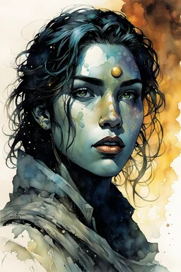 create in inkwash and watercolor a full length portrait of the young female Ivrian from Ill met in lankhmar in the comic book art style of Mike Mignola, Bill Sienkiewicz and Jean Giraud Moebius, , highly detailed, finely lined facial features, grainy, gritty textures, foreboding, dramatic ethereal lighting