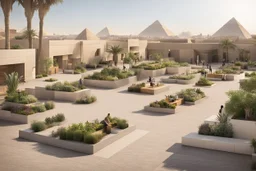 public area with giza pyramids, modern street seating , planters, shops