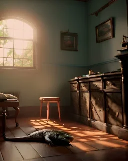 Room scene with alligator sleeping, Wes Anderson styler, concept art, smooth, unreal engine 5, god lights, ray tracing, RTX, lumen lighting, ultra detail, volumetric lighting, 3d.