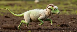 a sheep with no hair or wool, and green lizard like skin, running crazy like a dino