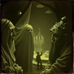 Daguerrotype close up some mysterious figures, odd background, Hieronymus Bosch Max Ernst ambient light, by Minicavio Quollati and Marlost Endgulp, Amano, Botticelli, Alphonse Mucha