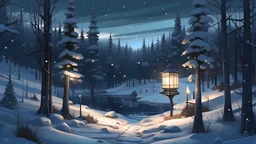 Νύχτα,δασος από ελατα στην ακρη ενός ποταμού, χιόνι,dramatic scene, lanterns, Christmas