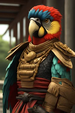 A realistic parrot in samurai dress in Japan, portrait of half body, wearing sunglasses ,Photorealistic, next level resolution, 4k, ultra quality, hyper realistic