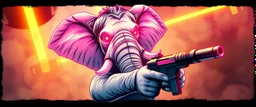 cute pen outline with some neon airbrush, let create a crazy wild elephant man holding guns and doing dangerous stuff - dynamic camera push-in revealing intricate details in motion. Epic cinematic wide-angle camera swoops down, hazy neon background with gritty border
