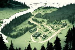 a map, top view of a forest, hills, small town, farm land , comic book, post -apocalypse, grey