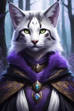Beautiful D&D character, female tabaxi druid, smooth face with no designs on face, add more fur to the face, tufts of white fur poking out of the ears, black fur on face, colorful fantasy, detailed, realistic face, digital portrait, intricate cloak black trimmed with silver and purple, background is nighttime forest scene with mist,fiverr dnd character, wlop, stanley artgerm lau, ilya kuvshinov, artstation, HD, octane render, hyperrealism