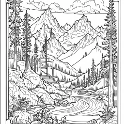 Outline art for coloring page with a cute mountain landscape white background, sketch style, only use outline, clean line art, white background, no shadows, clear outline reprezentand o imagine pe tema halucinatiilor provocate de droguri , cu culori primare tari, fantezie de înaltă definiție calitate clară, stiluri de Utagawa Hiroshige, Paul Klee Dee Nickerson și Tim Burton, acuarelă topită și contururi de cerneală neagră pe hârtie umedă, linii moi, umbrite