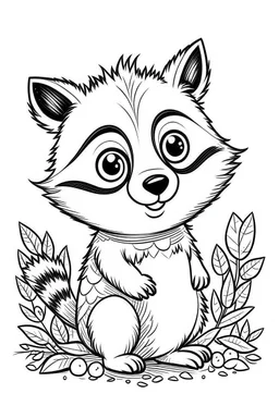 cute coloring page, sketch style, cute baby raccon in the wood, cute cartoon, white and black, withe background, no shadows, outline.