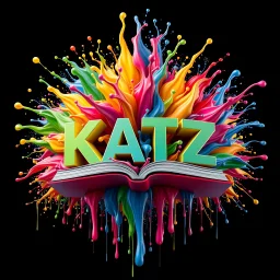 A visually stunning 3D render illustration portraying the name "KATZ" in vibrant and unique style. The name emerges from a mesmerizing library rainbow-like explosion of colors that bursts from a book. The fluid paint cascades downward in a dynamic motion, creating a captivating visual effect. The bold, sharp edges of the typography sharply contrast with the fluid paint explosion, resulting in a harmonious fusion of modern design, typography, painting, and illustration.