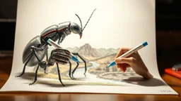 7428. Robot insect drawing a picture, holding six gel-pens in its six hands, drawing a beautiful landscape using four pens, one pen in each hand. The picture is almost finished. Artistic, beautiful lighting, attractive composition, photorealistic, extremely detailed, chiaroscuro, rule of thirds