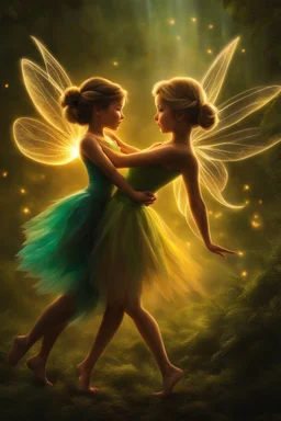 A passionate dance between two tinkerbells, illuminated by a single glowing firefly.