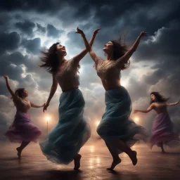 Hyper Realistic happy young-Pushto-women dancing with cloudy sky & dramatic ambiance at night