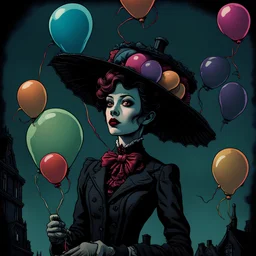 Lovecraftian pop surrealism, creepy Mary poppins floating with balloons, reimagined in grim detail by Butcher billy, benedick banner and Enki Bilal, dark pop surrealism, baroque period aesthetic gothic, sinister vibes, bizarre art, weird, strangely beautiful, ominous, whimsical, dystopian, chiaroscuro lighting, digital painting, 4k render, offset noise, RAW and gritty, high contrast, emo, 4k
