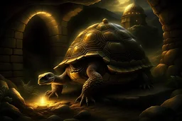 Digital art, high quality, digital masterpiece, natural illumination, night,night illumination, spotlight, realistic, film style, beautiful, (full body:3), (1 big ancient Tortoise with spikes on its shell:3), (stoic face:1.8), (Towers:1.8), (In a cave:1.5), (Crown:1.6), (Dark:2), perfect hands