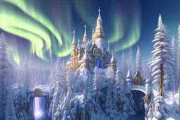  white and gold crystal castle，waterfall, winter snow flakessnow, northern Lights, full of details, smooth, bright sunshine，soft light atmosphere, light effect，vaporwave colorful, concept art, smooth, extremely sharp detail, finely tuned detail, ultra high definition, 8 k, unreal engine 5, ultra sharp focus